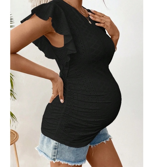 Maternity Eyelet Ruffle Cap Sleeve Stretchy Top - Picture 3 of 6